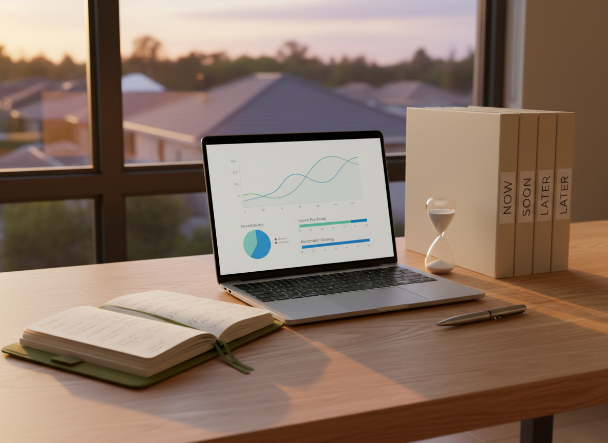 A neatly arranged wooden desk featuring an open, fabric-bound planner beside a slim silver laptop displaying a clean financial dashboard with charts and goal timelines. Nearby, a stack of organized folders labeled “Now,” “Soon,” and “Later” rests beside a brushed metal pen and a small glass hourglass half-filled with white sand. The desk sits near a large window overlooking a softly blurred suburban neighborhood at sunset. Warm, diffused golden-hour light casts gentle shadows and subtle reflections on the smooth desk surface. Photographed at eye level with a slight angle, using shallow depth of field to keep the workspace crisp while the background softly fades. The mood is calm, professional, and hopeful, emphasizing thoughtful planning for the next chapter in life, in a clean, modern, photographic realism style.